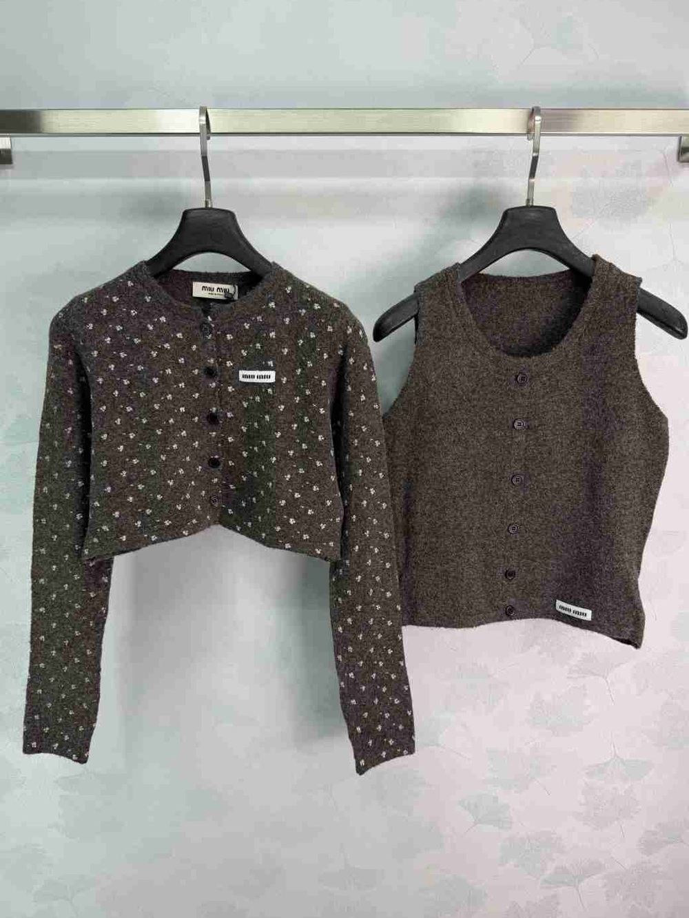 Miu Miu Dark Brown Speckled Cropped Cardigan with Matching Button Tank